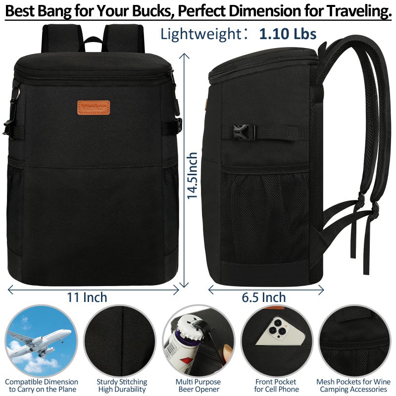 Vankor Camping Cooler Backpack 30 Cans, Soft Backpack Coolers Insulated Leak Proof Travel Cooler Bag Waterproof Lunch Picnic Beach Work Trip Thermal Bag Drink Beverage Beer Cooler Black - Image 3