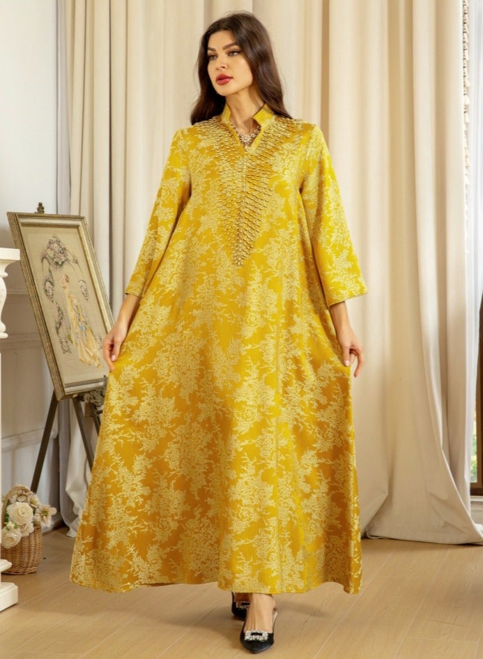 Loquat Ladies Luxury Nail Bead Robe Embroidered Jacquard Dress Muslim Abaya Evening Dress Yellow  - Image 1