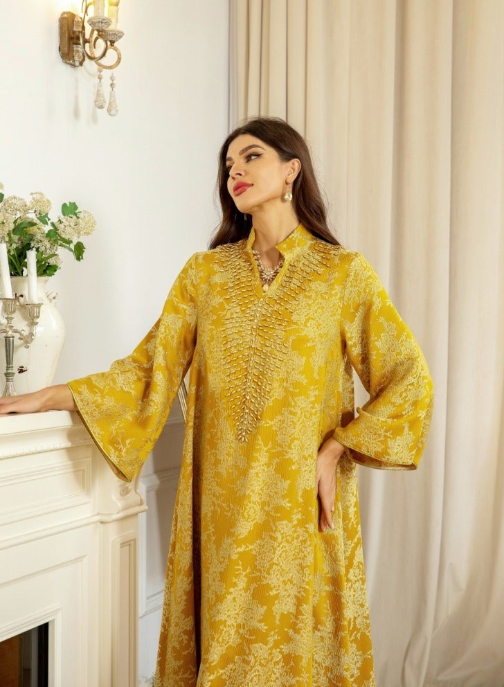Loquat Ladies Luxury Nail Bead Robe Embroidered Jacquard Dress Muslim Abaya Evening Dress Yellow  - Image 2