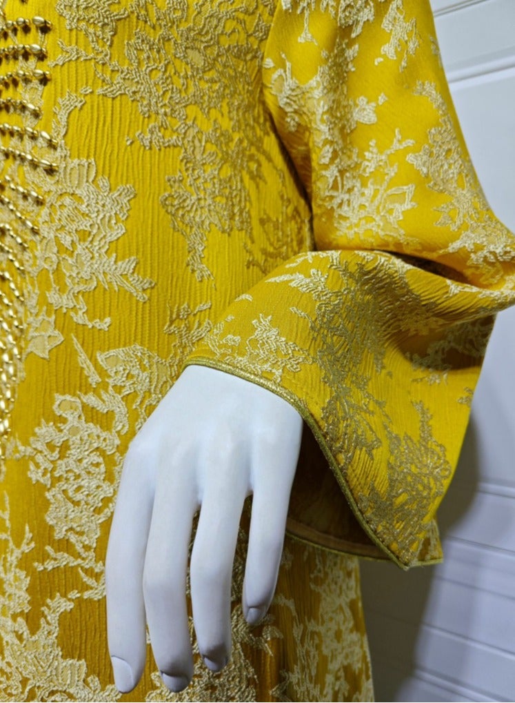 Loquat Ladies Luxury Nail Bead Robe Embroidered Jacquard Dress Muslim Abaya Evening Dress Yellow  - Image 3