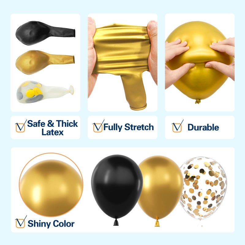 LOOLEY 137Pcs Black and Gold Balloons Garland Arch Kit with Stars - 5 10 12 18 inch Black Gold Confetti Latex Party Balloons for 2026 New Year Graduation Retirement Decorations Birthday - Image 4