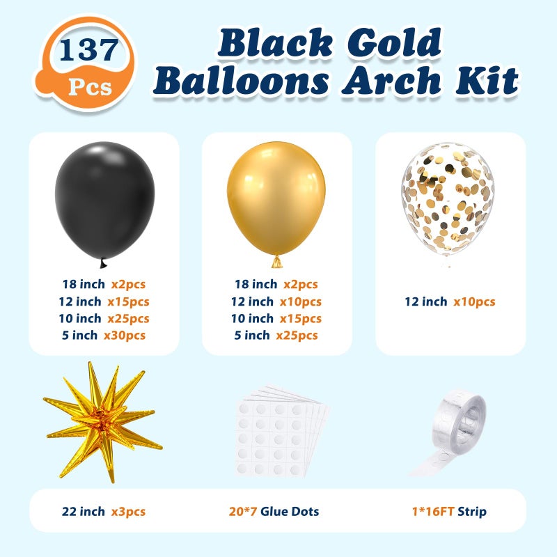 LOOLEY 137Pcs Black and Gold Balloons Garland Arch Kit with Stars - 5 10 12 18 inch Black Gold Confetti Latex Party Balloons for 2026 New Year Graduation Retirement Decorations Birthday - Image 3