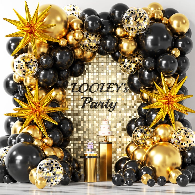 LOOLEY 137Pcs Black and Gold Balloons Garland Arch Kit with Stars - 5 10 12 18 inch Black Gold Confetti Latex Party Balloons for 2026 New Year Graduation Retirement Decorations Birthday - Image 1