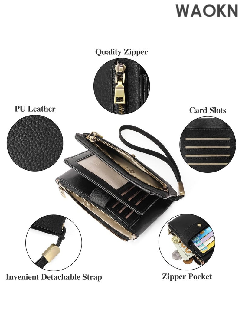 دبليو أيه أو كي أن محفظة جلدية صغيرة للنساء - محفظة يد صغيرة مزودة بسحّاب مزدوج للعملات المعدنية وحامل بطاقات ائتمان - محفظة نسائية صغيرة قابلة للطي بفتحات بطاقات متعددة ونافذة لبطاقة الهوية - محفظة أنيقة وبسيطة للاستخدام اليومي (أسود) - Image 3