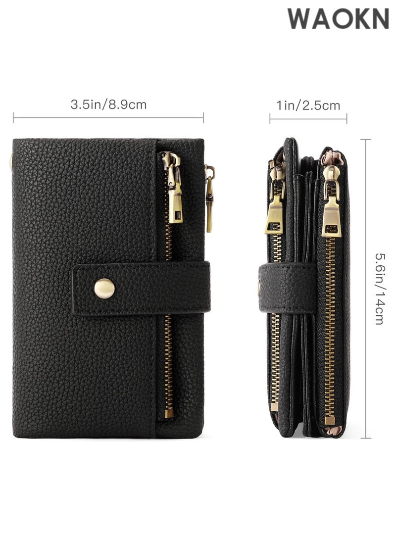 دبليو أيه أو كي أن محفظة جلدية صغيرة للنساء - محفظة يد صغيرة مزودة بسحّاب مزدوج للعملات المعدنية وحامل بطاقات ائتمان - محفظة نسائية صغيرة قابلة للطي بفتحات بطاقات متعددة ونافذة لبطاقة الهوية - محفظة أنيقة وبسيطة للاستخدام اليومي (أسود) - Image 2