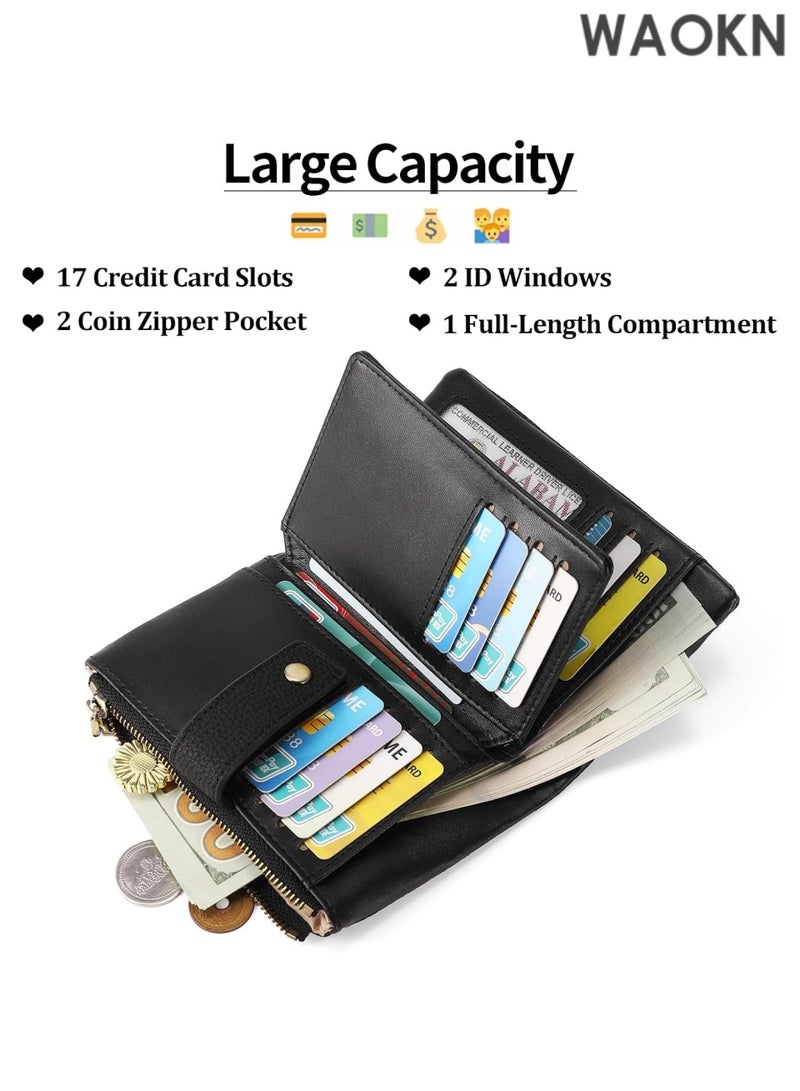 دبليو أيه أو كي أن محفظة جلدية صغيرة للنساء - محفظة يد صغيرة مزودة بسحّاب مزدوج للعملات المعدنية وحامل بطاقات ائتمان - محفظة نسائية صغيرة قابلة للطي بفتحات بطاقات متعددة ونافذة لبطاقة الهوية - محفظة أنيقة وبسيطة للاستخدام اليومي (أسود) - Image 5
