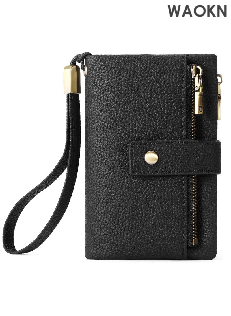 دبليو أيه أو كي أن محفظة جلدية صغيرة للنساء - محفظة يد صغيرة مزودة بسحّاب مزدوج للعملات المعدنية وحامل بطاقات ائتمان - محفظة نسائية صغيرة قابلة للطي بفتحات بطاقات متعددة ونافذة لبطاقة الهوية - محفظة أنيقة وبسيطة للاستخدام اليومي (أسود) - Image 1