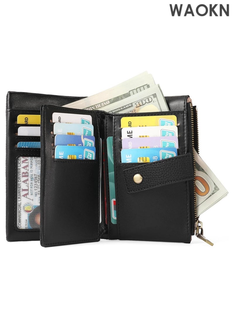 دبليو أيه أو كي أن محفظة جلدية صغيرة للنساء - محفظة يد صغيرة مزودة بسحّاب مزدوج للعملات المعدنية وحامل بطاقات ائتمان - محفظة نسائية صغيرة قابلة للطي بفتحات بطاقات متعددة ونافذة لبطاقة الهوية - محفظة أنيقة وبسيطة للاستخدام اليومي (أسود) - Image 4