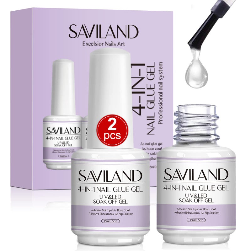 SAVILAND 4-in-1 Nail Gel Set, 2 pcs 15 ML Upgraded Glue for Fake & Press on Nails, Gel Base Strengthen and Nail Repair Treatment, Replacement for Glue. - Image 1
