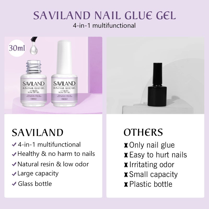 SAVILAND 4-in-1 Nail Gel Set, 2 pcs 15 ML Upgraded Glue for Fake & Press on Nails, Gel Base Strengthen and Nail Repair Treatment, Replacement for Glue. - Image 3