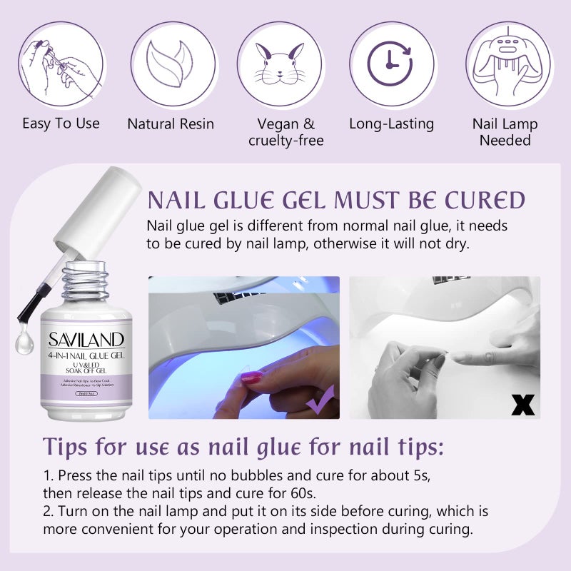 SAVILAND 4-in-1 Nail Gel Set, 2 pcs 15 ML Upgraded Glue for Fake & Press on Nails, Gel Base Strengthen and Nail Repair Treatment, Replacement for Glue. - Image 5