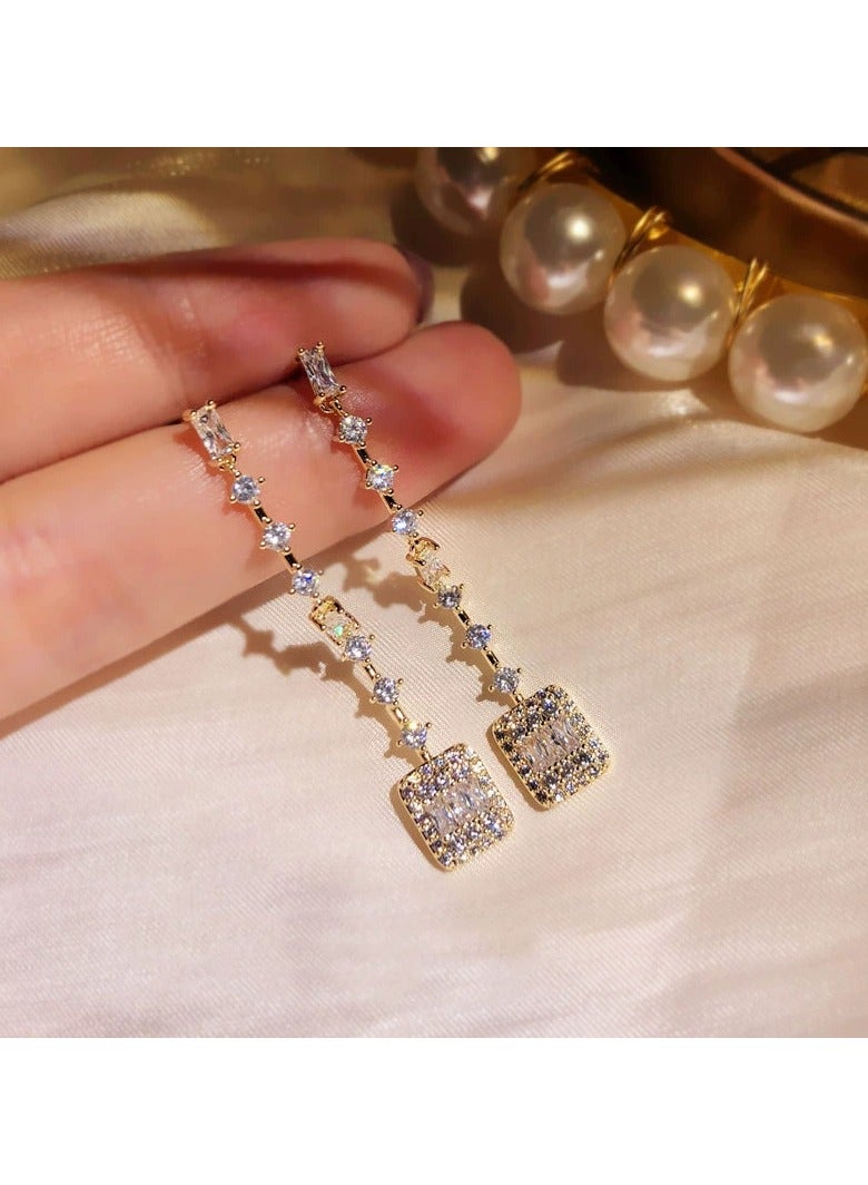 Goolsky Elegant Korean Square Pendant Earrings – S925 Silver Needle with Sparkling Zircon, Long Dangle Design