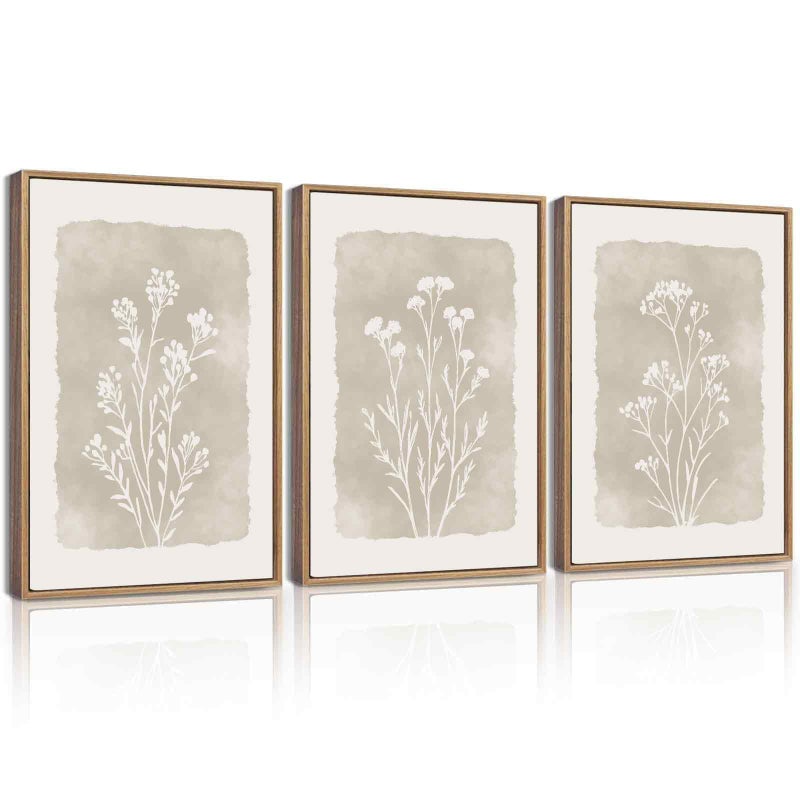 KUVIOKE Boho Botanical Flower Framed Wall Art Farmhouse Vintage Floral Wall Painting Rustic Wildflower Neutral Prints Artwork Home Decor 11x14in (Natural Framed) - Image 1