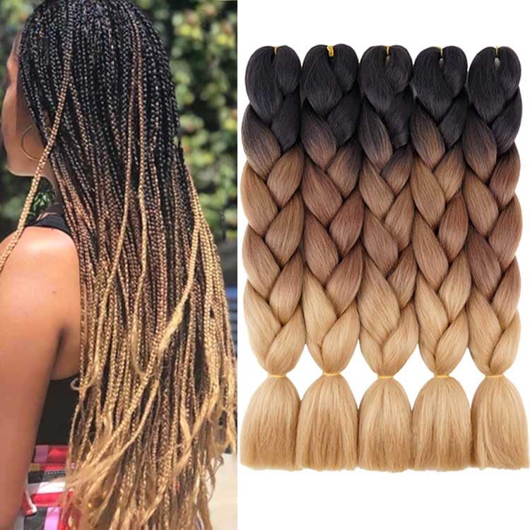 AIDUSA Ombre Brown Braiding Hair 5pcs Synthetic Brown Ombre Braiding Hair 24 Inch 3 Tone Blonde Braiding Hair Crochet Braiding Hair Extensions 100g (#53 Black to Brown to Blonde) - Image 2