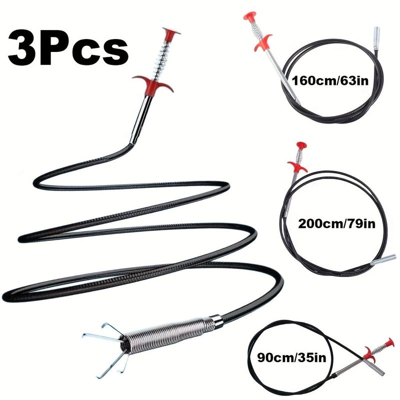3 Pieces Drain Clog Remover Rods 35 63 79 Inch 4 Claw Flexible Gutter Cleaning Tool For Toilet Sewer Pipe Kitchen Sink Bathroom Washbasin Tub Clogged Pick Up Reacher - Image 1