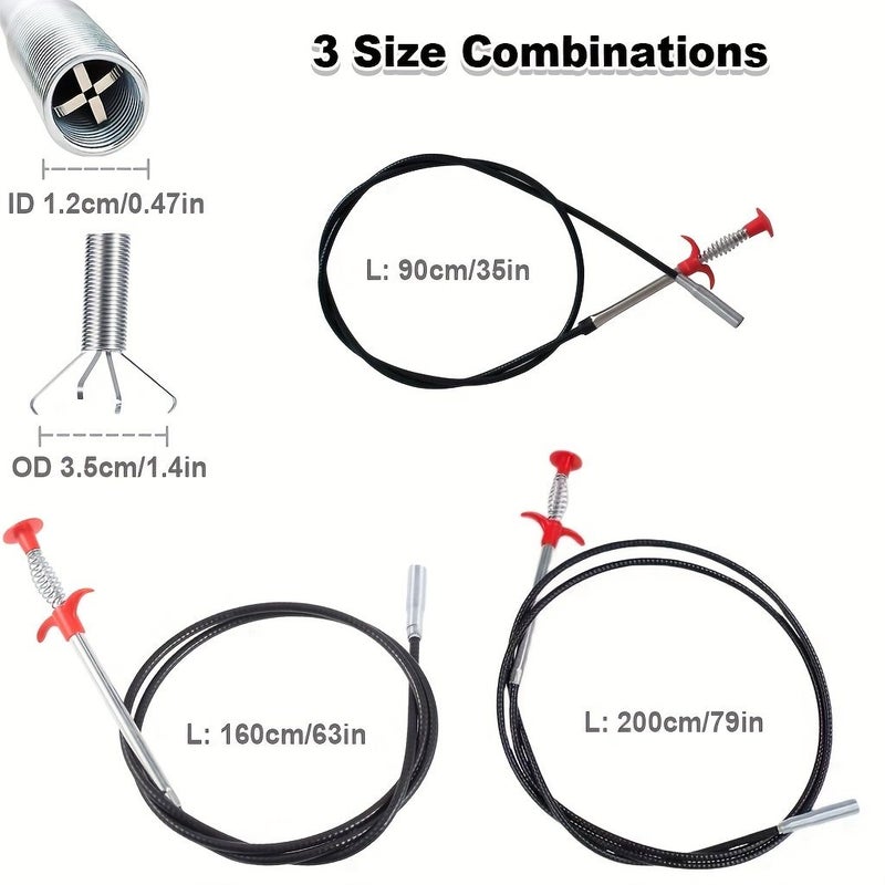 3 Pieces Drain Clog Remover Rods 35 63 79 Inch 4 Claw Flexible Gutter Cleaning Tool For Toilet Sewer Pipe Kitchen Sink Bathroom Washbasin Tub Clogged Pick Up Reacher - Image 2