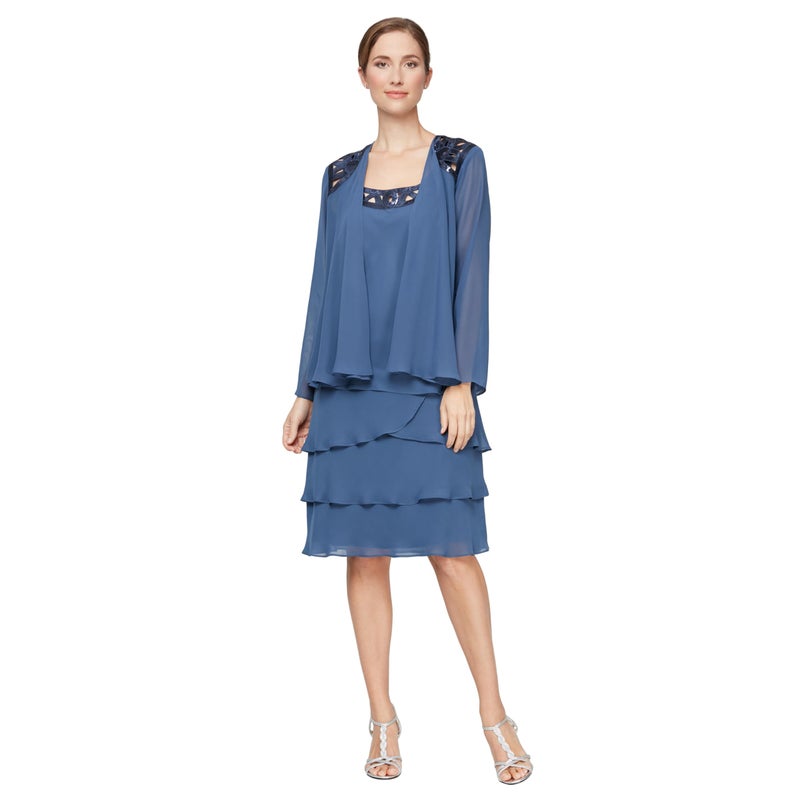 S.L. Fashions Women's Petite Mother of The Bride Jacket Dress with Sequined Cut Out Shoulder, Wedgewood, 14 - Image 1