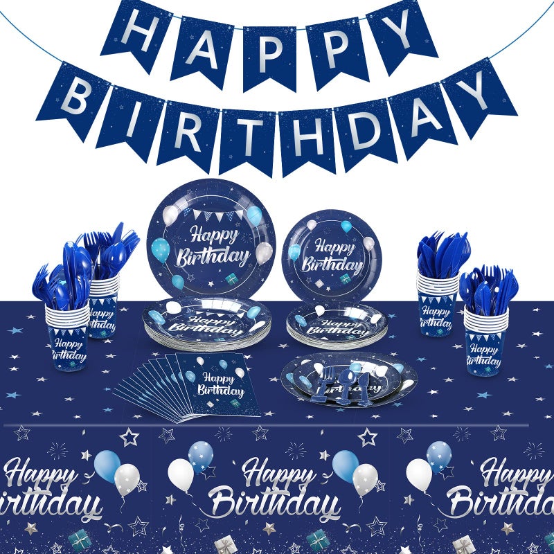 Pajean Blue Happy Birthday Party Tableware Set Birthday Decoration Banner and Tablecloths Decoration Plates Cups Napkins Dinnerware for 24 Guests Party SuppliesBlue and Silver