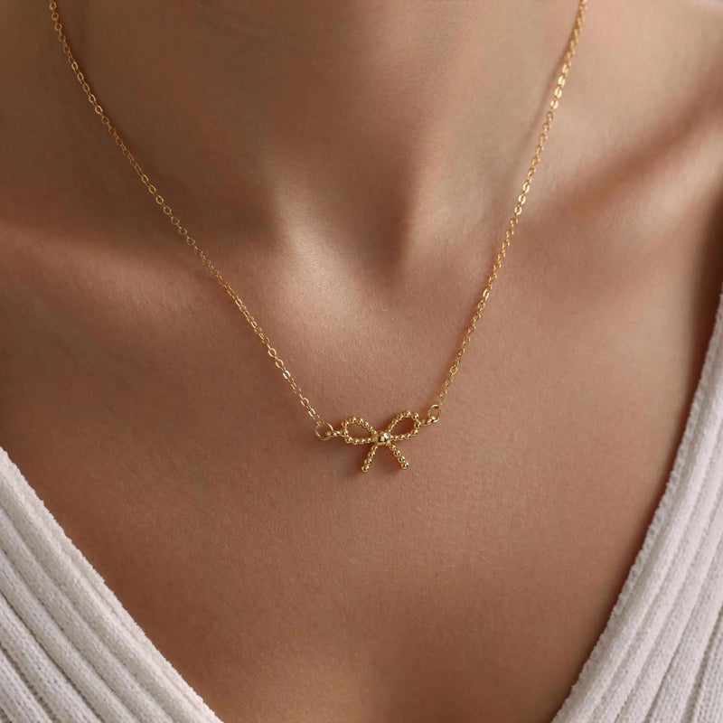 Yoosteel Easter Gifts for Women - Dainty 14K-Gold-Plate Bead Bow Necklaces Simple Cute Choker Small Pendant Chain Necklaces for Women Trendy Jewelry Gift - Image 2