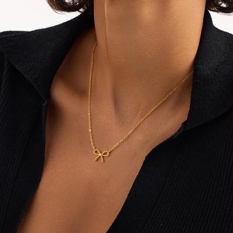 Yoosteel Easter Gifts for Women - Dainty 14K-Gold-Plate Bead Bow Necklaces Simple Cute Choker Small Pendant Chain Necklaces for Women Trendy Jewelry Gift - Image 3