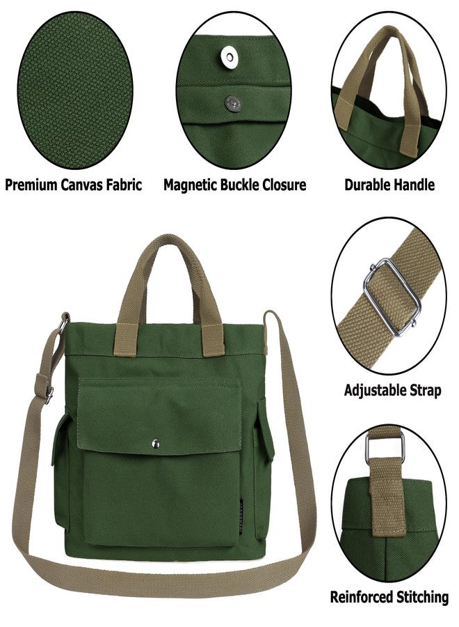 Youjaree Canvas Messenger Tote Bag Large Hobo Crossbody Bag with Multiple Pockets Casual Shoulder Handbag for Women and Men (Green) - Image 4