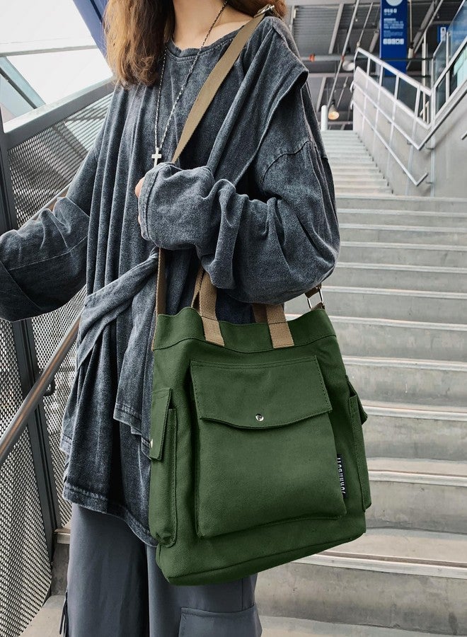 Youjaree Canvas Messenger Tote Bag Large Hobo Crossbody Bag with Multiple Pockets Casual Shoulder Handbag for Women and Men (Green) - Image 2