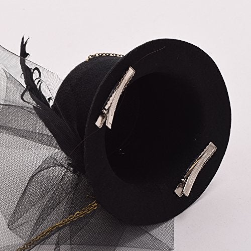 BLESSUME Mini Top Hat Party Hat Dancing Cocktail Feather Veil Hair Clip (Black 1) - Image 4