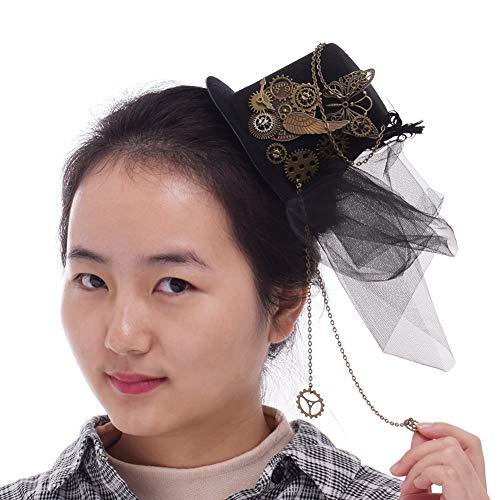 BLESSUME Mini Top Hat Party Hat Dancing Cocktail Feather Veil Hair Clip (Black 1) - Image 1