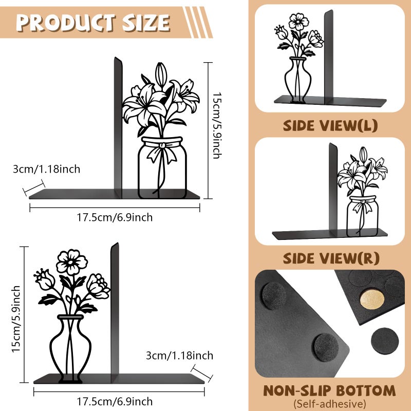 TWINKLEMON Metal Flower Book Ends Flower Vase Bookends Decorative Book Ends for Shelves Bookshelf Home Office Desk Bookshelf Decor Gift for Reading Enthusiasts - Image 2