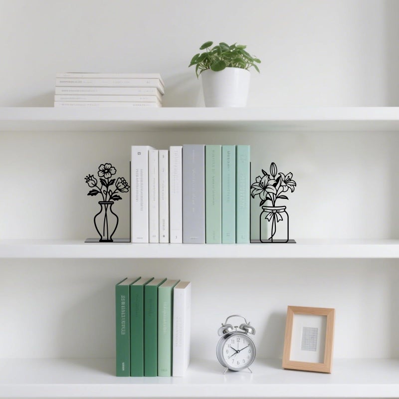 TWINKLEMON Metal Flower Book Ends Flower Vase Bookends Decorative Book Ends for Shelves Bookshelf Home Office Desk Bookshelf Decor Gift for Reading Enthusiasts - Image 4