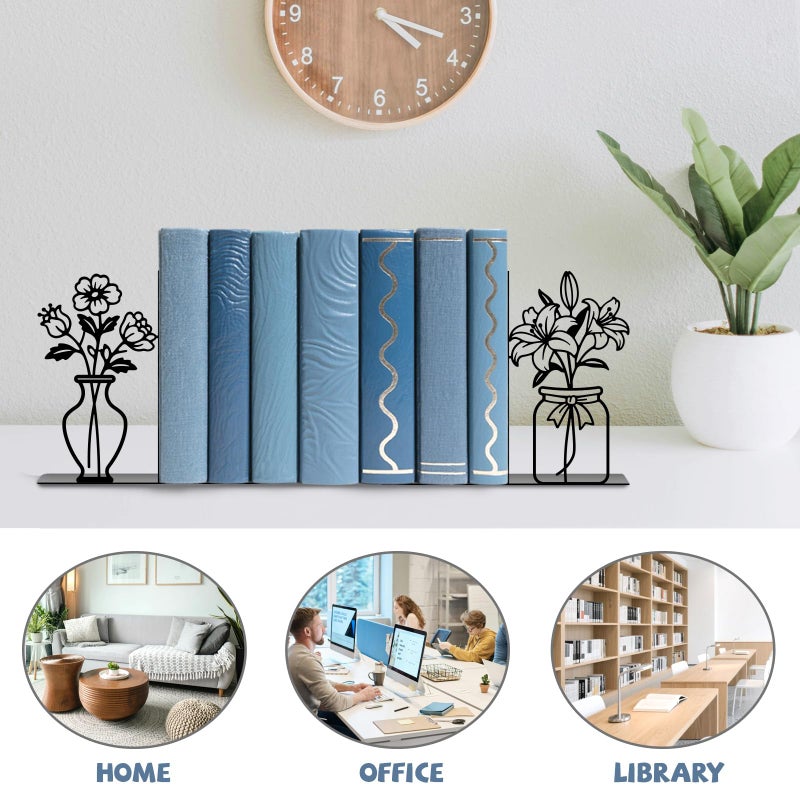 TWINKLEMON Metal Flower Book Ends Flower Vase Bookends Decorative Book Ends for Shelves Bookshelf Home Office Desk Bookshelf Decor Gift for Reading Enthusiasts - Image 3