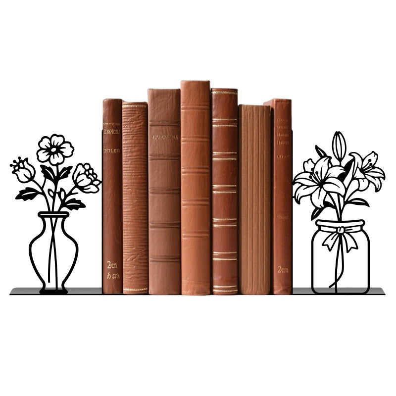 TWINKLEMON Metal Flower Book Ends Flower Vase Bookends Decorative Book Ends for Shelves Bookshelf Home Office Desk Bookshelf Decor Gift for Reading Enthusiasts - Image 1