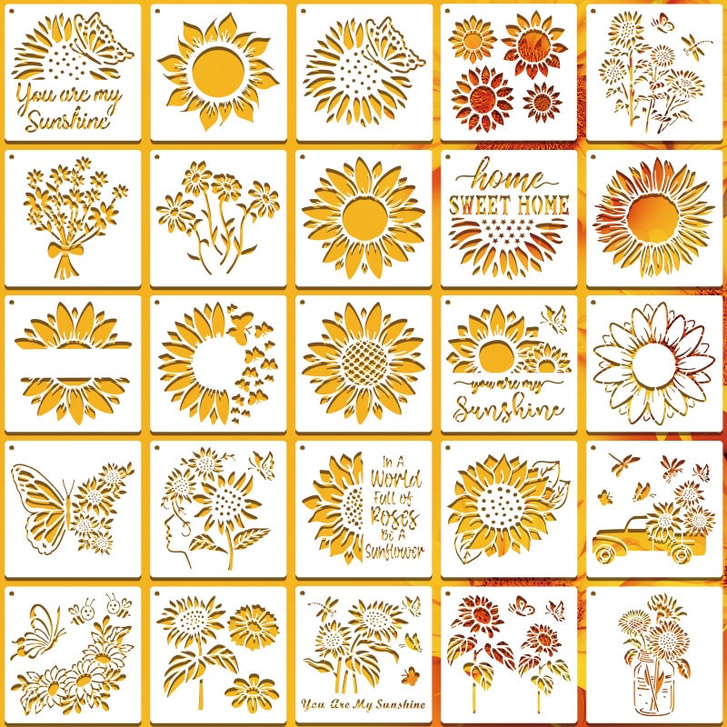 SUNFEEL 25Pack Sunflower Stencils for Painting â€“ Painting Templates 6 x 6 in and 6 x 6 in Reusable Painted Painting Stencilsï¼Œ Stencils for Painting On Wood and Canvas, DIY Crafts Andfurniture - Image 1