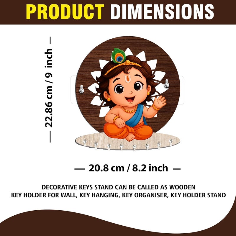 Rousrie Baby Krishna Wooden Key Holder for Home Without Drill, Brown, 8 Hooks, Modern Style, No-Drill Wall Mount Design for Home Office (Bal Krishna) - Image 5