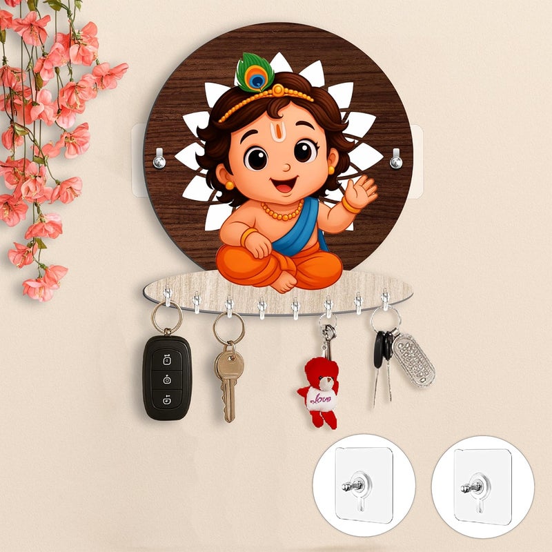 Rousrie Baby Krishna Wooden Key Holder for Home Without Drill, Brown, 8 Hooks, Modern Style, No-Drill Wall Mount Design for Home Office (Bal Krishna) - Image 1