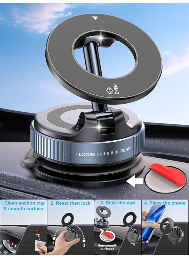 Magnetic Car Phone Holder, 360° Rotatable and Foldable, with Vacuum Suction Cup and Magnetic Ring, Mini Car Phone Mount with Magnetic Ring, for Car/Desk/Mirror and Other Smooth Surface - Image 3