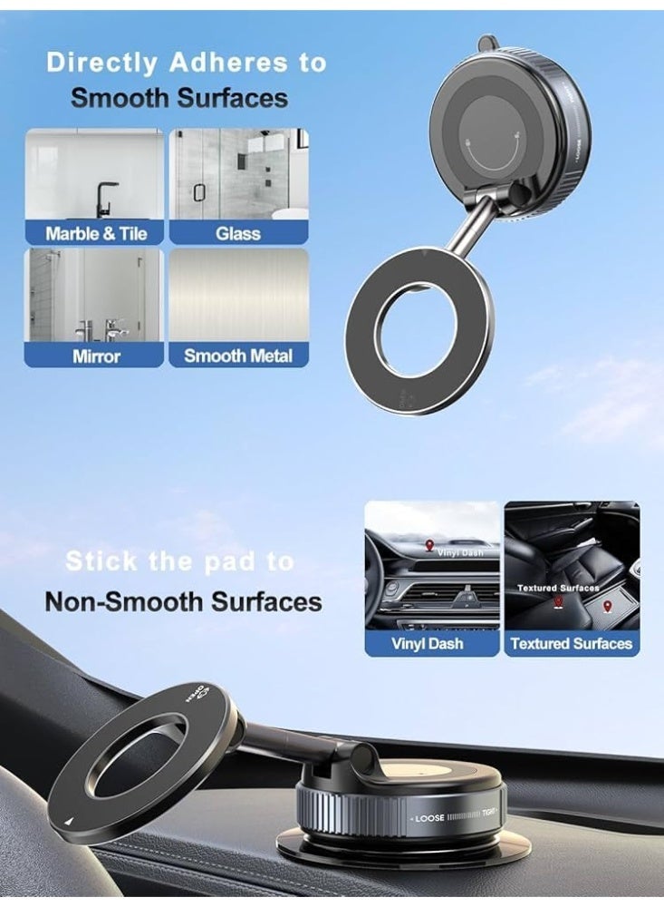 Magnetic Car Phone Holder, 360° Rotatable and Foldable, with Vacuum Suction Cup and Magnetic Ring, Mini Car Phone Mount with Magnetic Ring, for Car/Desk/Mirror and Other Smooth Surface - Image 2