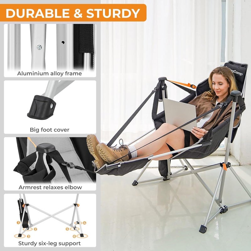 KingCamp Hammock Chair with Footrest, Swinging Portable Folding Camping Chairs for Adults MAX 440lbs Heavy Duty Foldable Oversized Rocker with Cup Holder Pillow for Outdoor Beach Patio Sport Lawn - Image 2