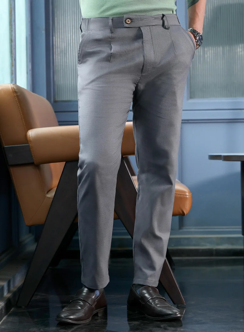 Campus Sutra Men Pleated Tailored-Fit Trousers | Mid-Rise, Italian-Fit | Extended-Button Closure, Straight Hem | Solid Linen-Weave | Woven Fabric For Office & Casual Wear | Steel Grey