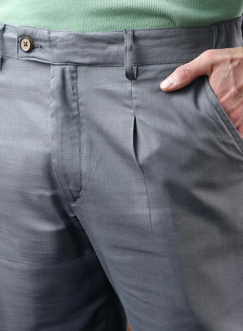 Campus Sutra  Men Pleated Tailored-Fit Trousers | Mid-Rise, Italian-Fit | Extended-Button Closure, Straight Hem | Solid Linen-Weave | Woven Fabric For Office & Casual Wear | Steel Grey for Men | Best Price UAE