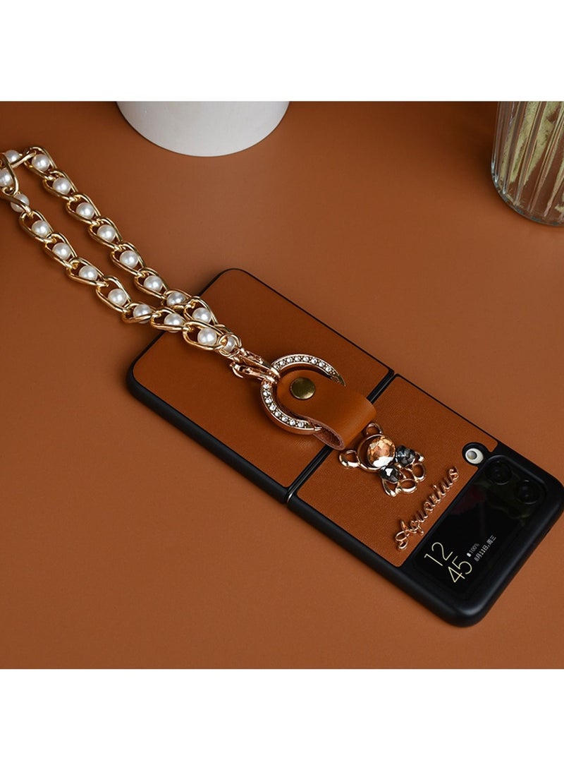 Color Fans Frusde Leather Case Compatible with Samsung Galaxy Z Flip 3 with Chain Lanyard for Women Girls Slim Shockproof Case Galaxy Z Flip 3 Brown - Image 3