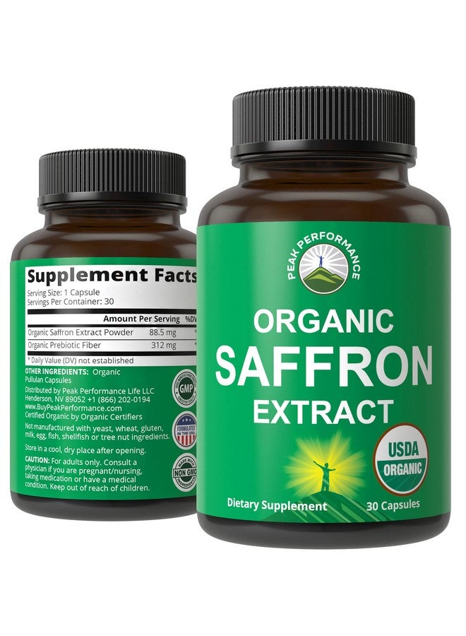 Peak Performance Saffron Supplements - USDA Organic Saffron Extract Capsules for Women, Men, and Kids. with Organic Prebiotic Fiber Instead of Filler. Pure and Natural for Mood, Brain, Focus, Cravings, PMS - Image 1