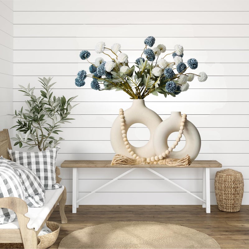 RyddeligHome White Ceramic Vase Set of 2 + Wooden Beads Garland Table Decor, Modern Vases, Round Vases Centerpieces, Home Decor Accents, Mantel Decorations, Pampas Vase, Neutral Home Decor Aesthetic - Image 4