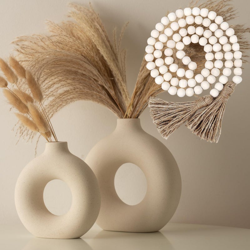 RyddeligHome White Ceramic Vase Set of 2 + Wooden Beads Garland Table Decor, Modern Vases, Round Vases Centerpieces, Home Decor Accents, Mantel Decorations, Pampas Vase, Neutral Home Decor Aesthetic - Image 1