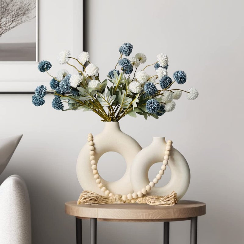 RyddeligHome White Ceramic Vase Set of 2 + Wooden Beads Garland Table Decor, Modern Vases, Round Vases Centerpieces, Home Decor Accents, Mantel Decorations, Pampas Vase, Neutral Home Decor Aesthetic - Image 2