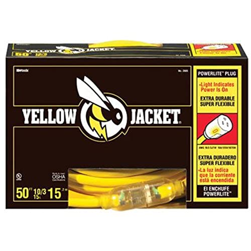 Yellow Jacket Southwire Heavy Duty Extension Cord - Outdoor Power Cable with Lighted End for Safety - Waterproof - High Visibility Yellow Jacket - 10/3 SJTW Extension - 50-Foot - Image 1