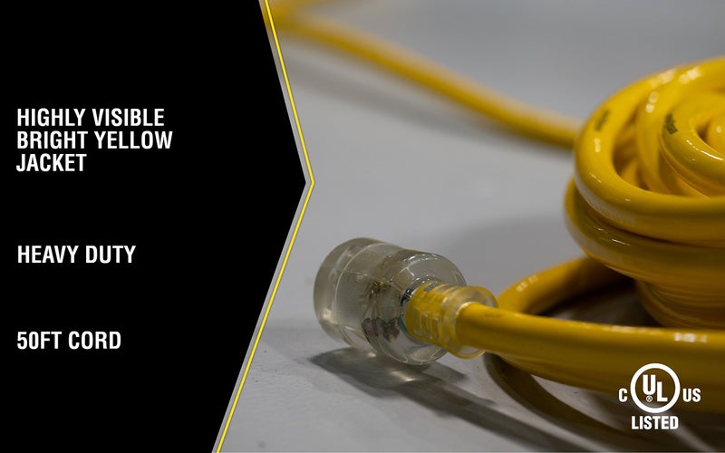 Yellow Jacket Southwire Heavy Duty Extension Cord - Outdoor Power Cable with Lighted End for Safety - Waterproof - High Visibility Yellow Jacket - 10/3 SJTW Extension - 50-Foot - Image 5