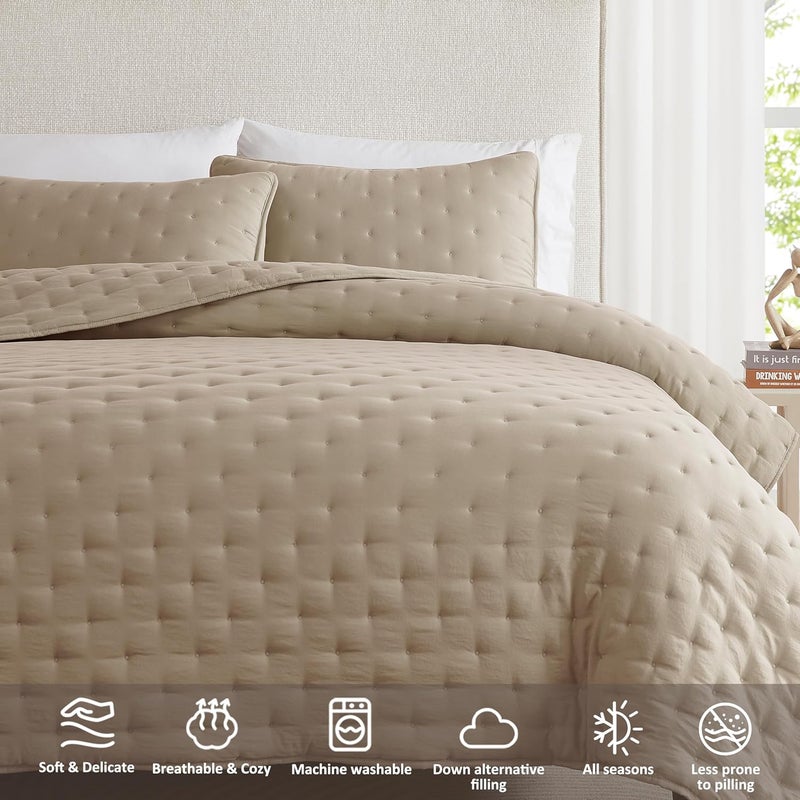 WDCOZY Beige Cloud California Cal King Size Quilt Bedding Sets with Pillow Shams, Oversized Tan Lightweight Bedspread Coverlet, Taupe Camel Soft Cute Bed Cover for All Season - Image 5