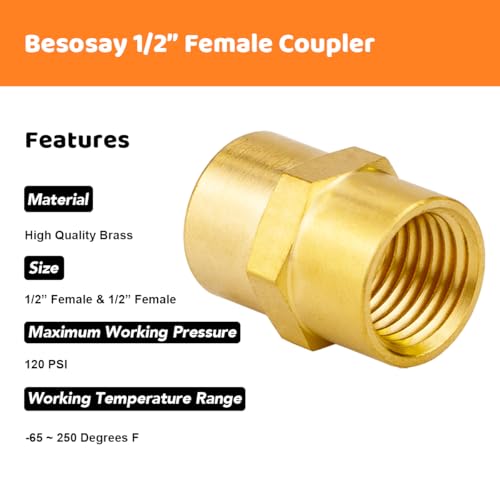 Besosay (3 Pack) Besosay 1/2 Inch Brass Coupler Coupling Reducer Adapter Fittings, 1/2" NPT Female x 1/2" NPT Female Hex Nipple, 1/2 Inch Air Hose Pipe Fitting - Image 5