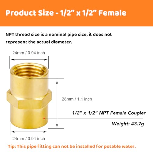 Besosay (3 Pack) Besosay 1/2 Inch Brass Coupler Coupling Reducer Adapter Fittings, 1/2" NPT Female x 1/2" NPT Female Hex Nipple, 1/2 Inch Air Hose Pipe Fitting - Image 2